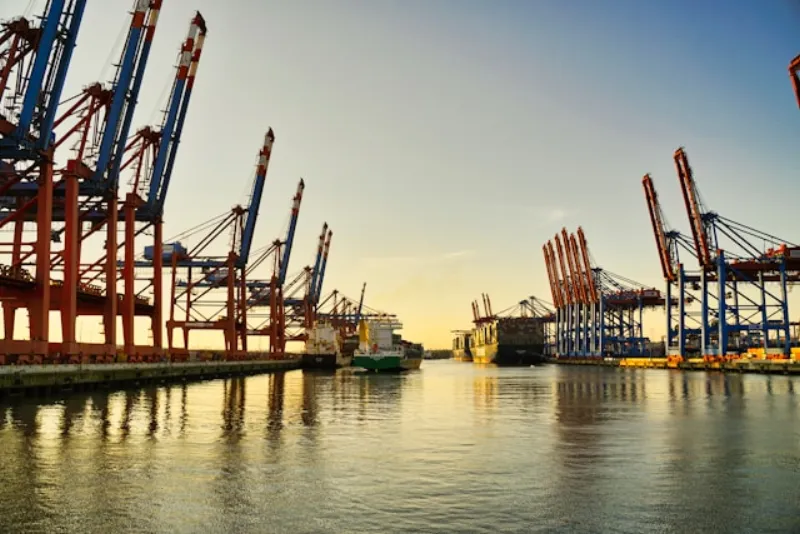 Harbour with shipping cranes and vessels